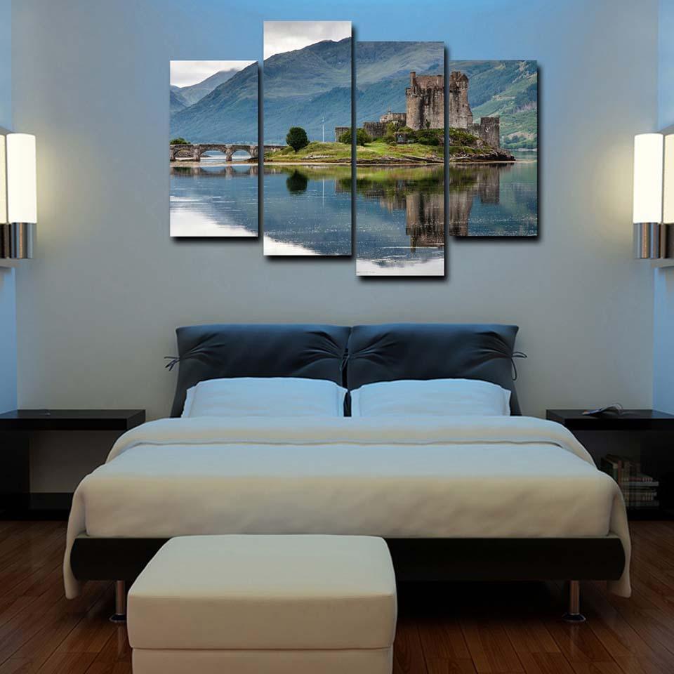 Mountain Castle River 4 Piece HD Multi Panel Canvas Wall Art Frame-Original Frame