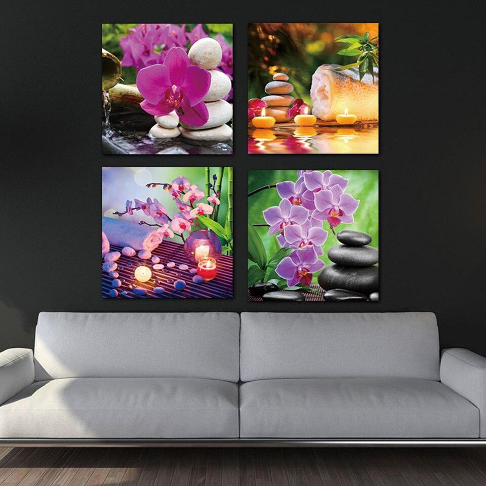 Purple Flowers Candles 4 Piece HD Multi Panel Canvas Wall Art-Original Frame