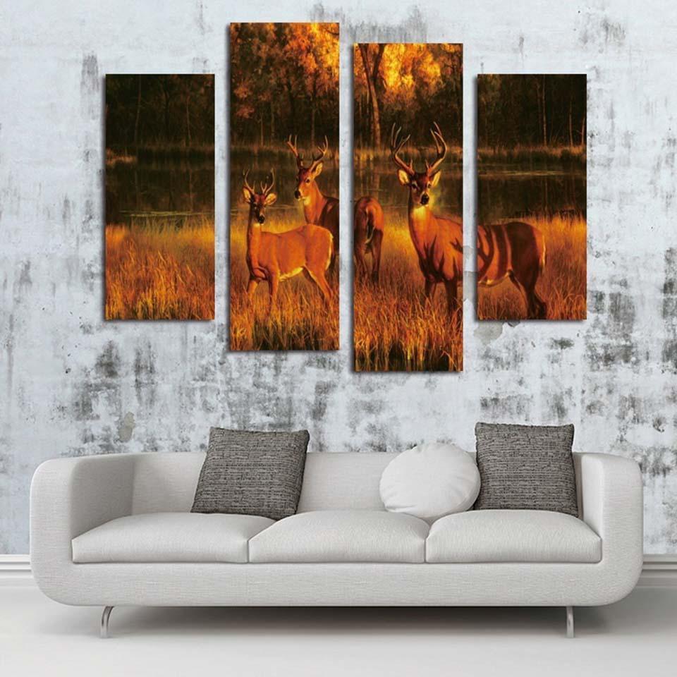 Deers In The Sun 4 Piece HD Multi Panel Canvas Wall Art Frame-Original Frame