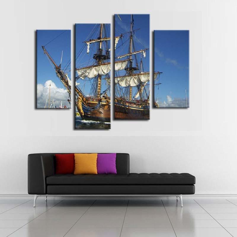 Set Sailboat In The Sea 4 Piece HD Multi Panel Canvas Wall Art Frame-Original Frame