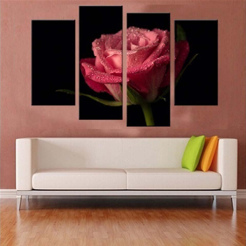 Pink Rose Flower 4 Piece HD Multi Panel Canvas Wall Art-Original Frame
