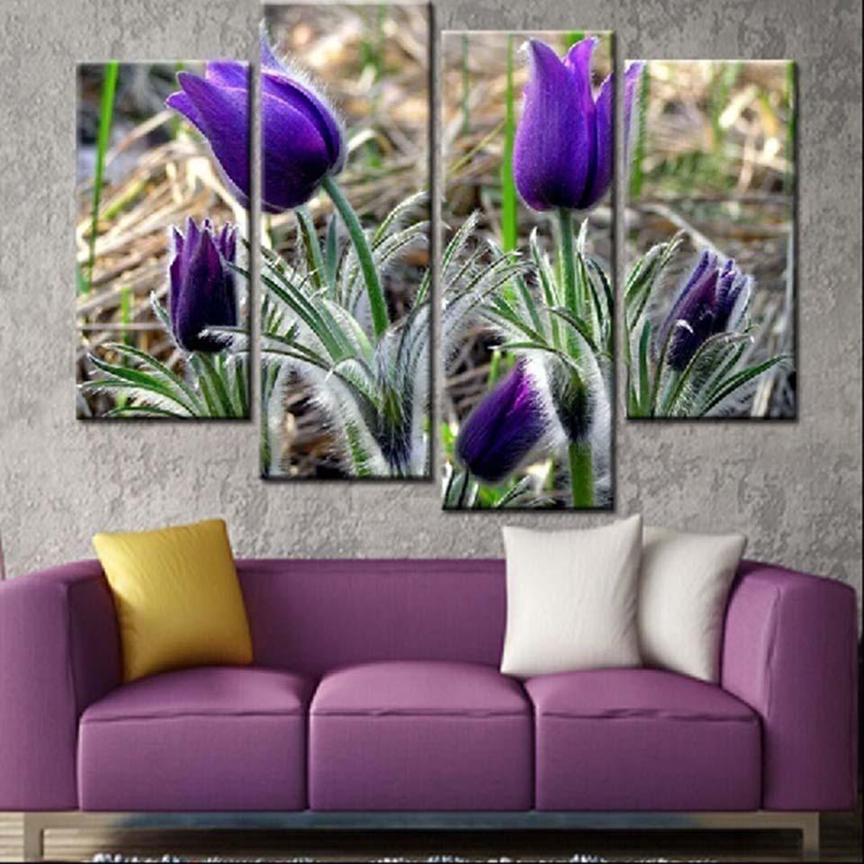 Purple Tulips 4 Piece HD Multi Panel Canvas Wall Art Frame-Original Frame