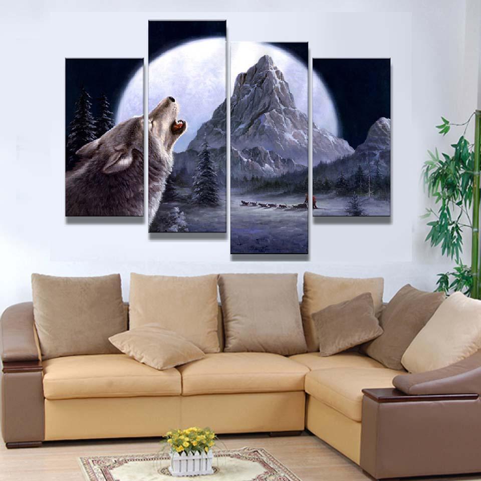 Howling Wolf 4 Piece HD Multi Panel Canvas Wall Art Frame-Original Frame