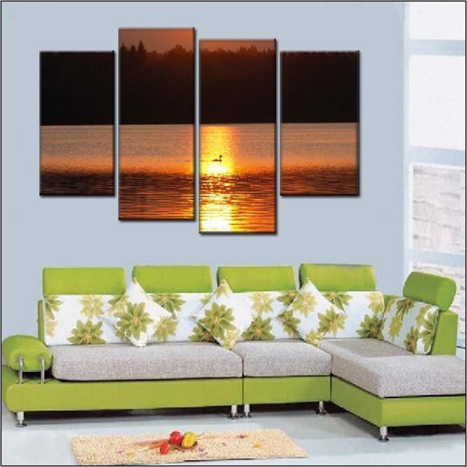 Bird in Sunlit Lake 4 Piece HD Multi Panel Canvas Wall Art Frame-Original Frame