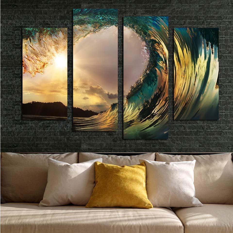 Sea Waves Sunset 4 Piece HD Multi Panel Canvas Wall Art Frame-Original Frame