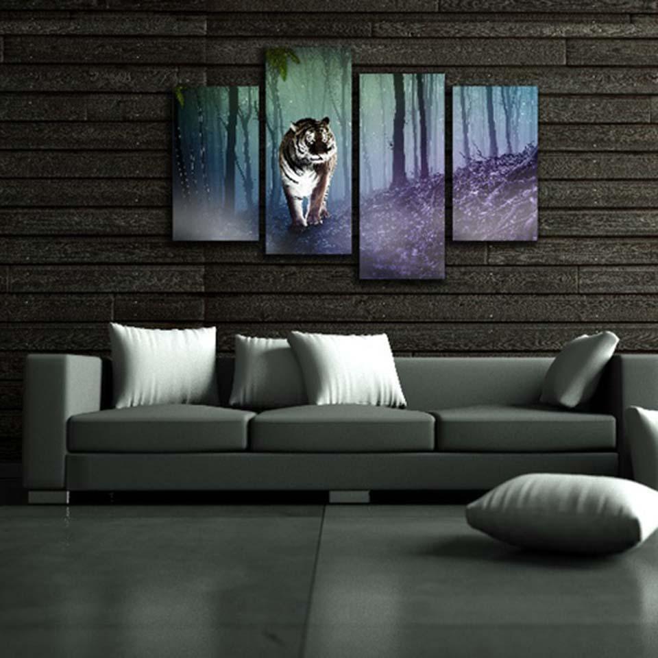 Tiger Forest 4 Piece HD Multi Panel Canvas Wall Art Frame-Original Frame