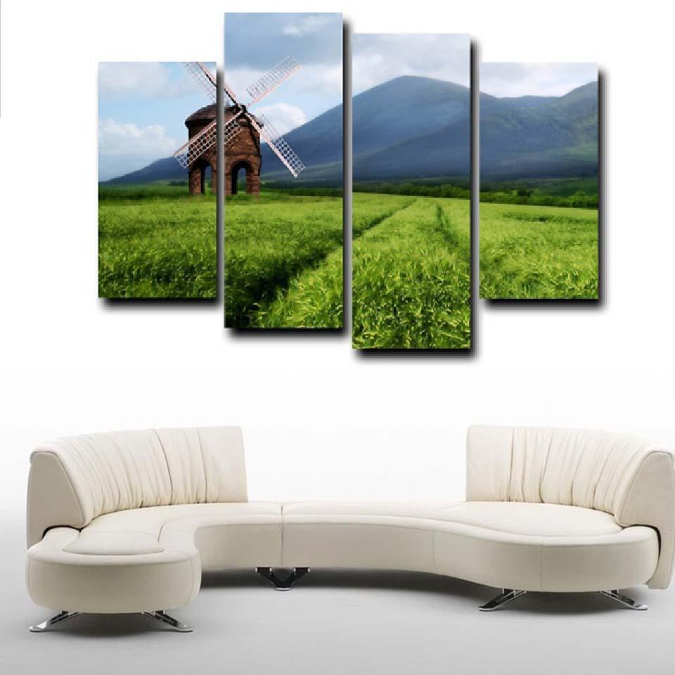Green Field Windmill 4 Piece HD Multi Panel Canvas Wall Art Frame-Original Frame