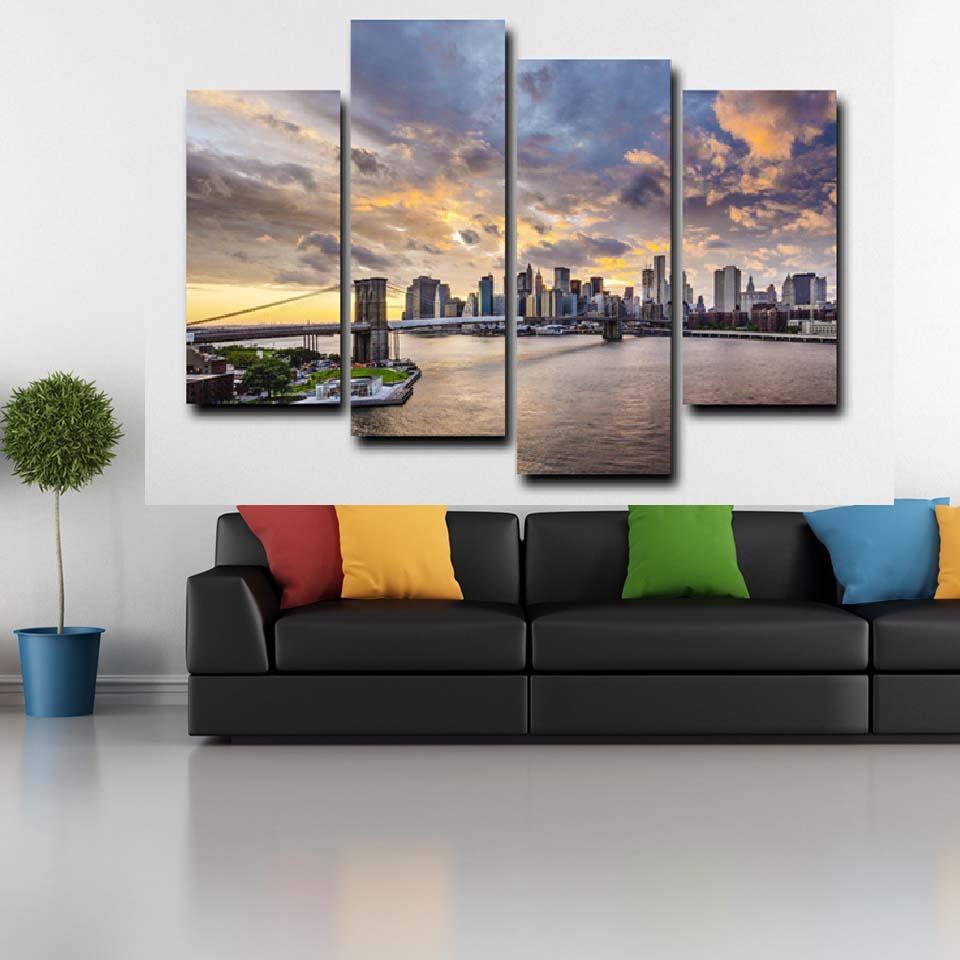 Brooklyn Bridge 4 Piece HD Multi Panel Canvas Wall Art Frame-Original Frame