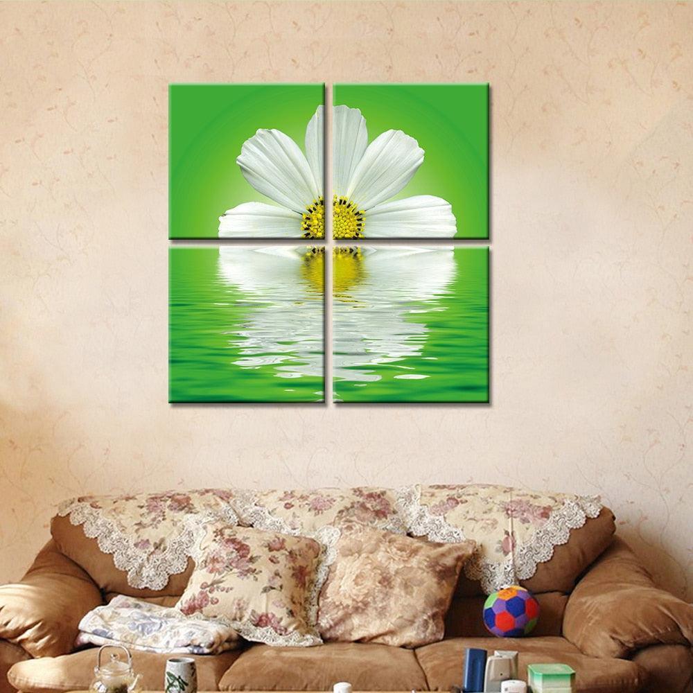 White Flowers In Clear Water 4 Piece HD Multi Panel Canvas Wall Art Frame-Original Frame