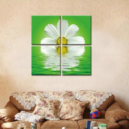 White Flowers In Clear Water 4 Piece HD Multi Panel Canvas Wall Art Frame-Original Frame