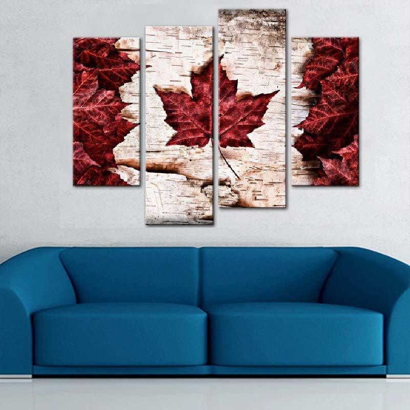 Canada Flag Maple Leaves 4 Piece HD Multi Panel Canvas Wall Art Frame-Original Frame