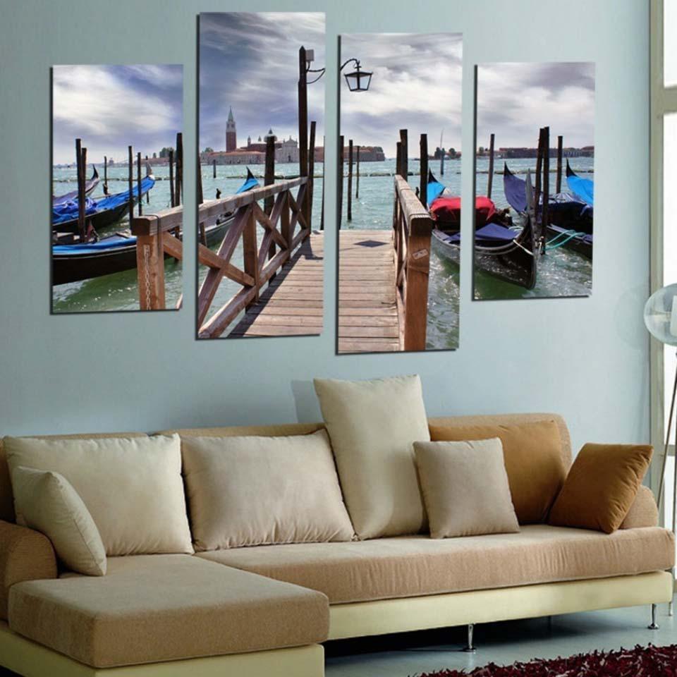 Lake Ship Plank Bridge 4 Piece HD Multi Panel Canvas Wall Art Frame-Original Frame