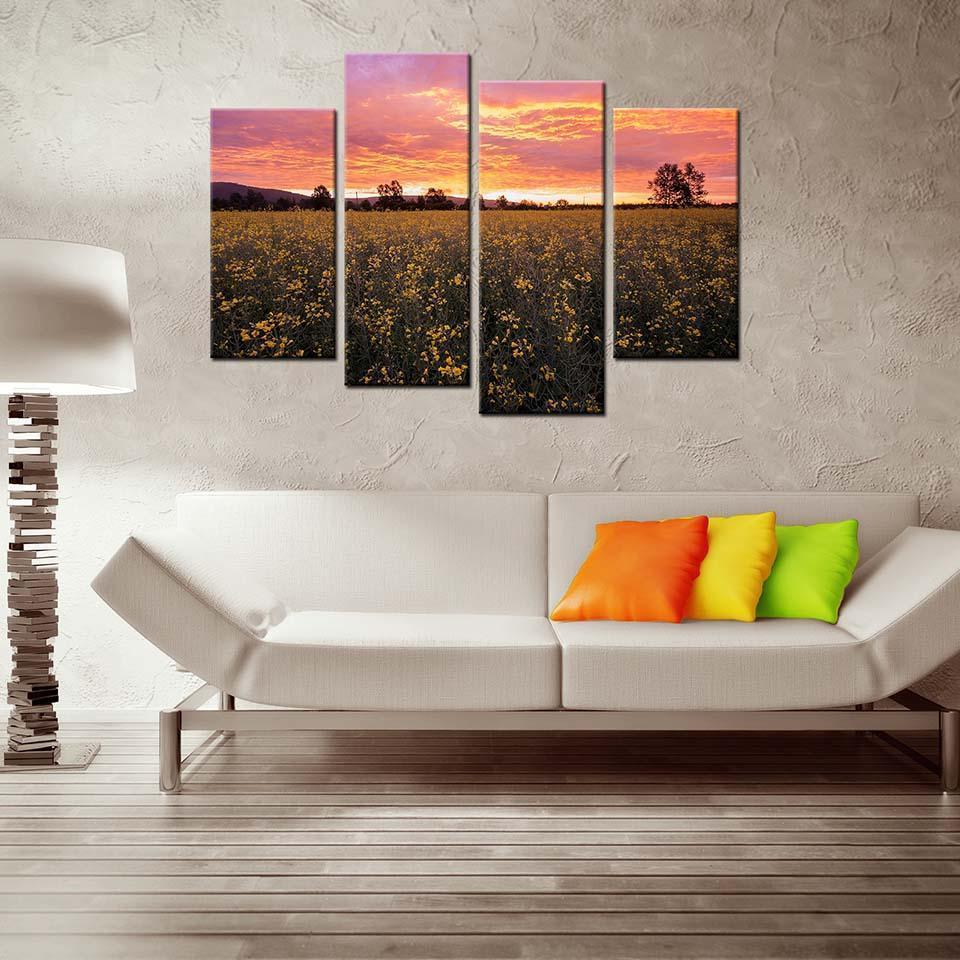 Sunset Flower Park 4 Piece HD Multi Panel Canvas Wall Art Frame-Original Frame