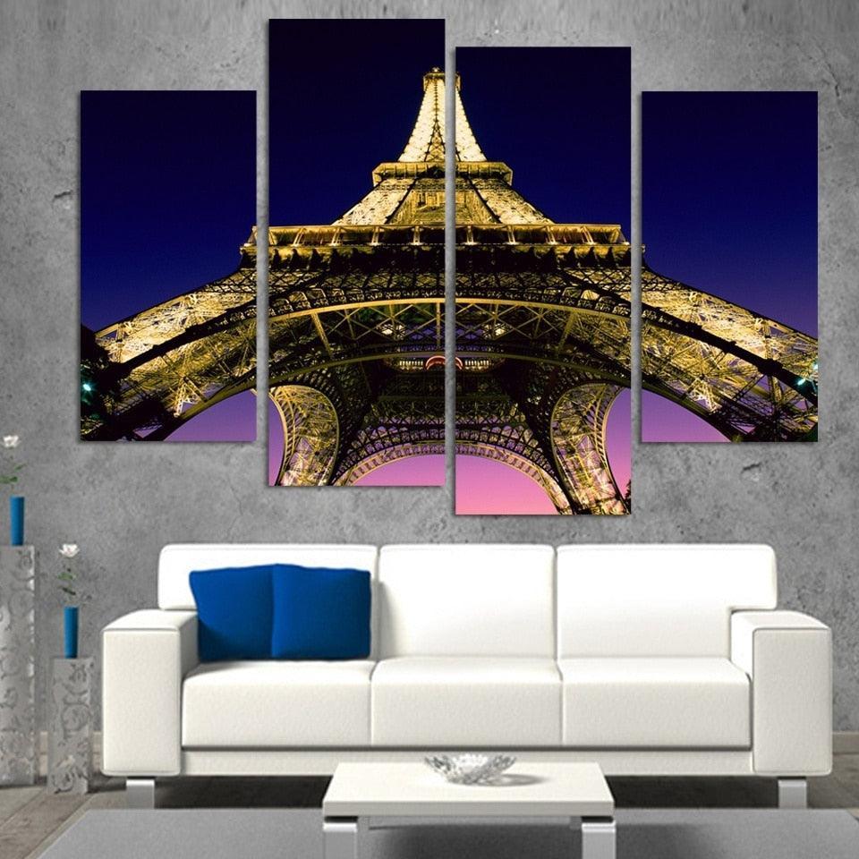 Lit Eiffel Tower 4 Piece HD Multi Panel Canvas Wall Art Frame-Original Frame