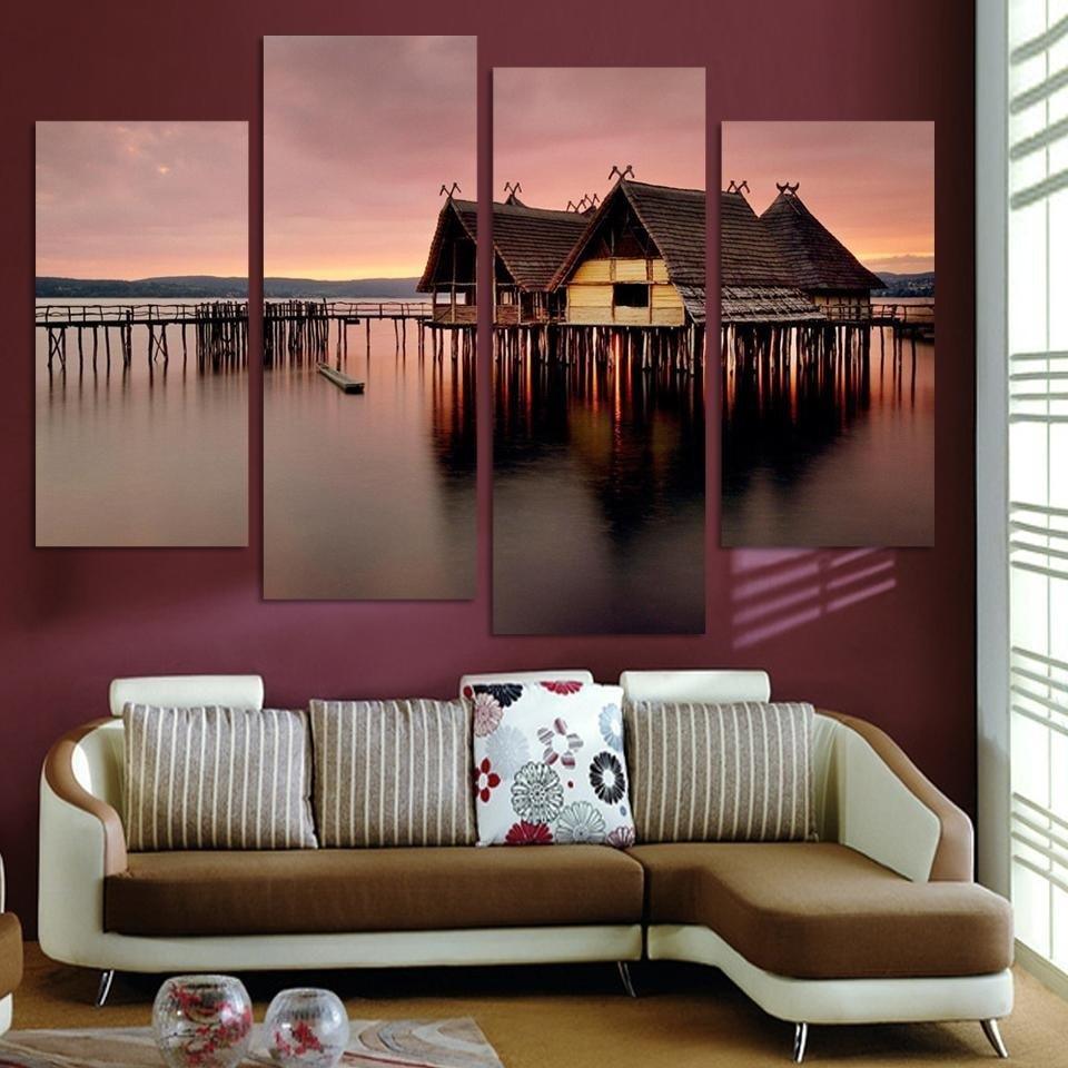 Small House On River Shore 4 Piece HD Multi Panel Canvas Wall Art Frame-Original Frame
