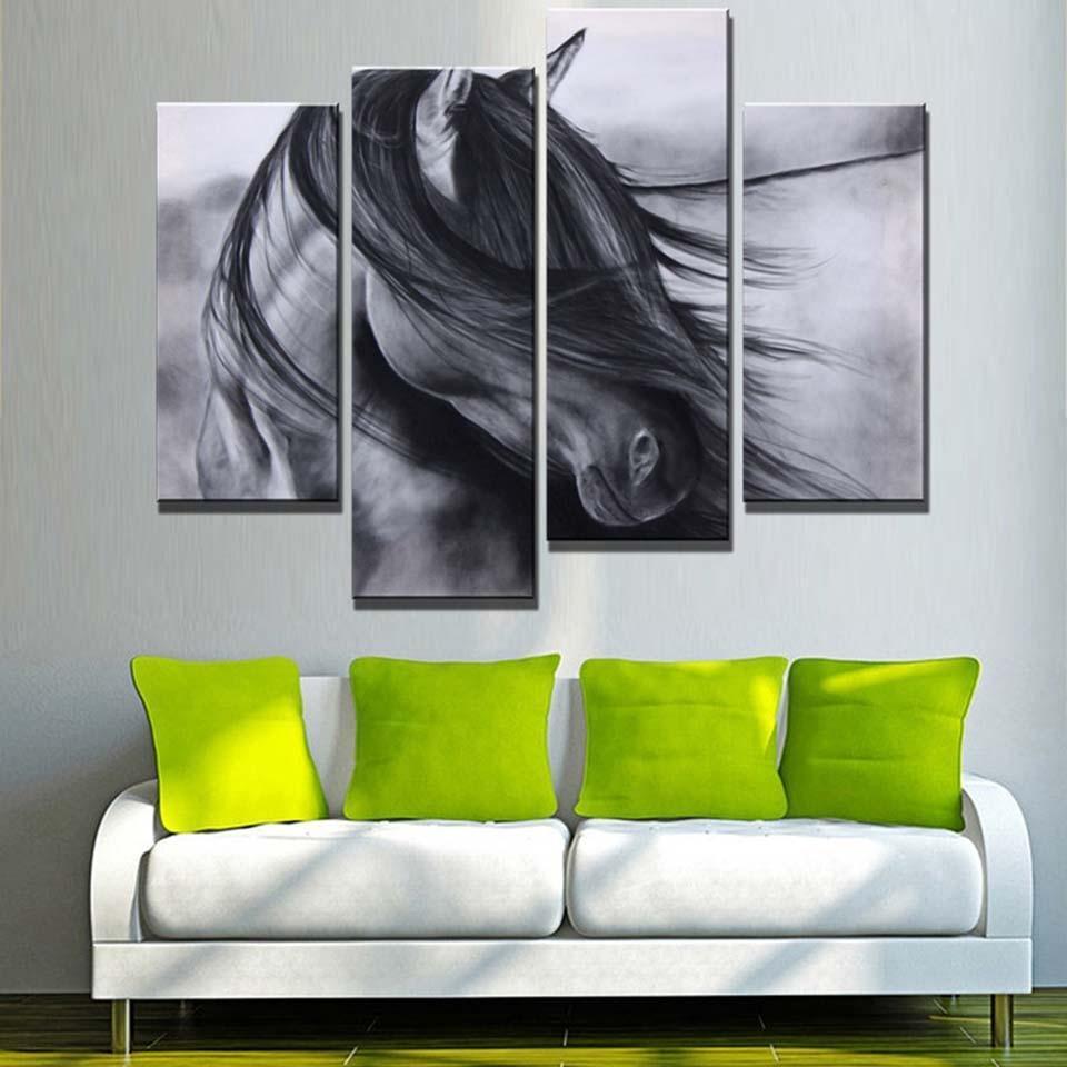 Elegant Black Horse 4 Piece HD Multi Panel Canvas Wall Art Frame-Original Frame
