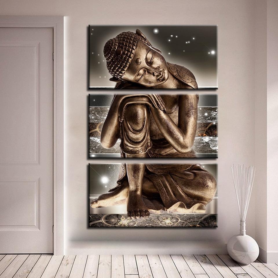 Buddha Bronze Statue 3 Piece HD Multi Panel Canvas Wall Art Frame-Original Frame