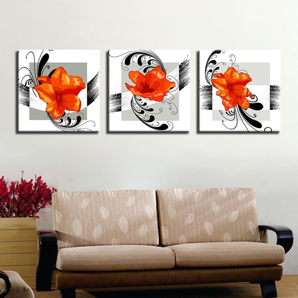 Orange Flowers 3 Piece HD Multi Panel Canvas Wall Art-Original Frame
