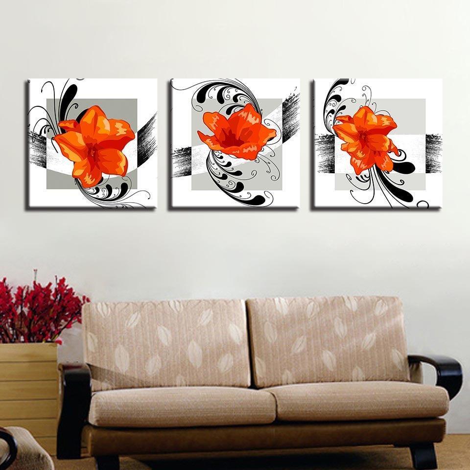 Orange Flowers 3 Piece HD Multi Panel Canvas Wall Art-Original Frame