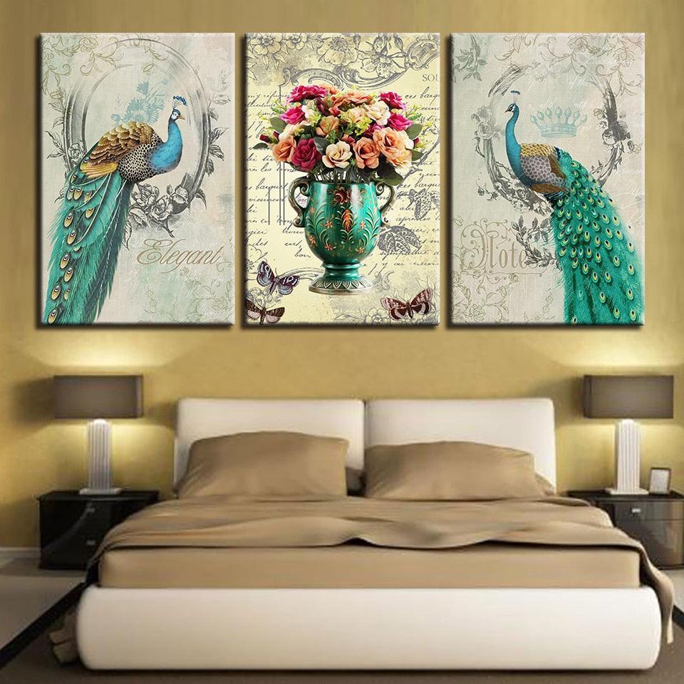 Peafowl Flower 3 Piece HD Multi Panel Canvas Wall Art Frame-Original Frame