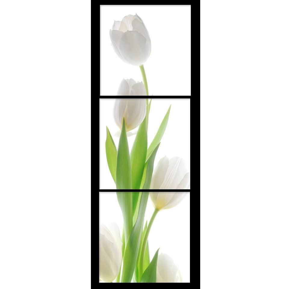 White Tulips 3 Piece HD Multi Panel Canvas Wall Art Frame-Original Frame