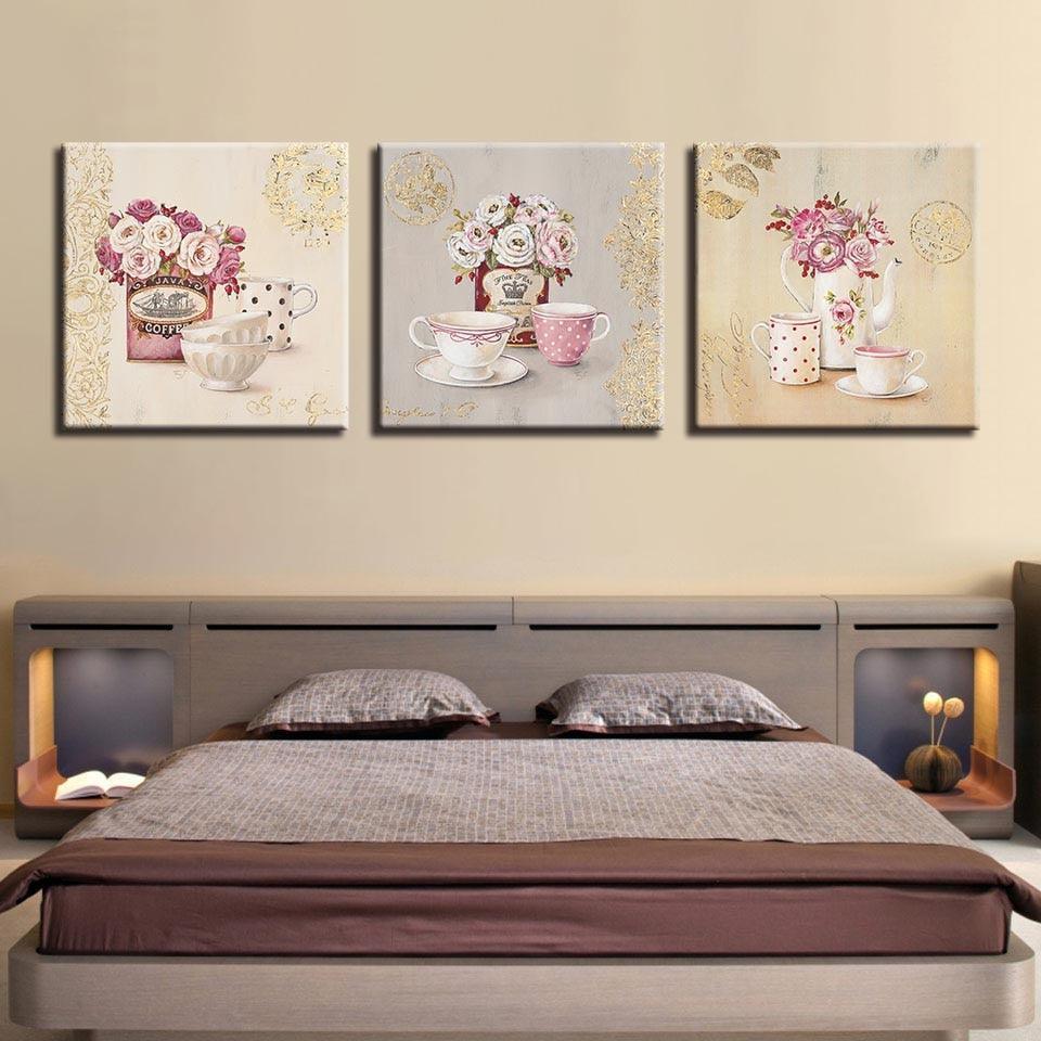 Tea Cups Paintings 3 Piece HD Multi Panel Canvas Wall Art Frame-Original Frame