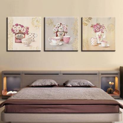 Tea Cups Paintings 3 Piece HD Multi Panel Canvas Wall Art Frame-Original Frame