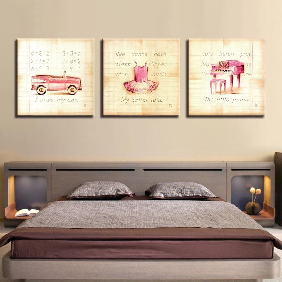 Kid's Car, Skirt & Piano 3 Piece HD Multi Panel Canvas Wall Art Frame-Original Frame
