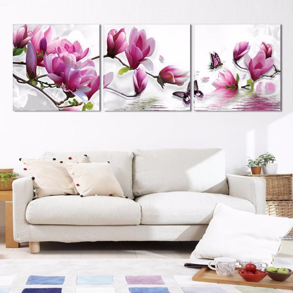 Magnolia Flowers 3 Piece HD Multi Panel Canvas Wall Art Frame-Original Frame