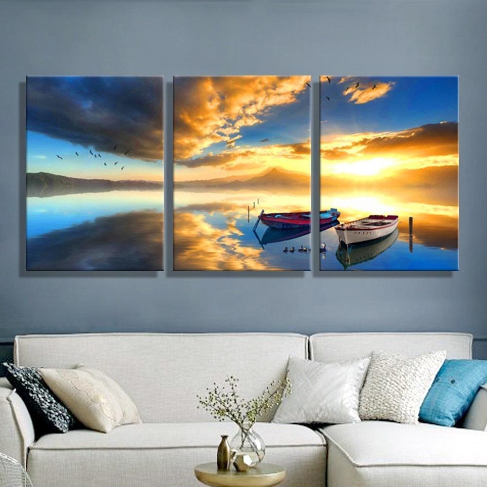 Sunrise Sea 3 Piece HD Multi Panel Canvas Wall Art Frame-Original Frame