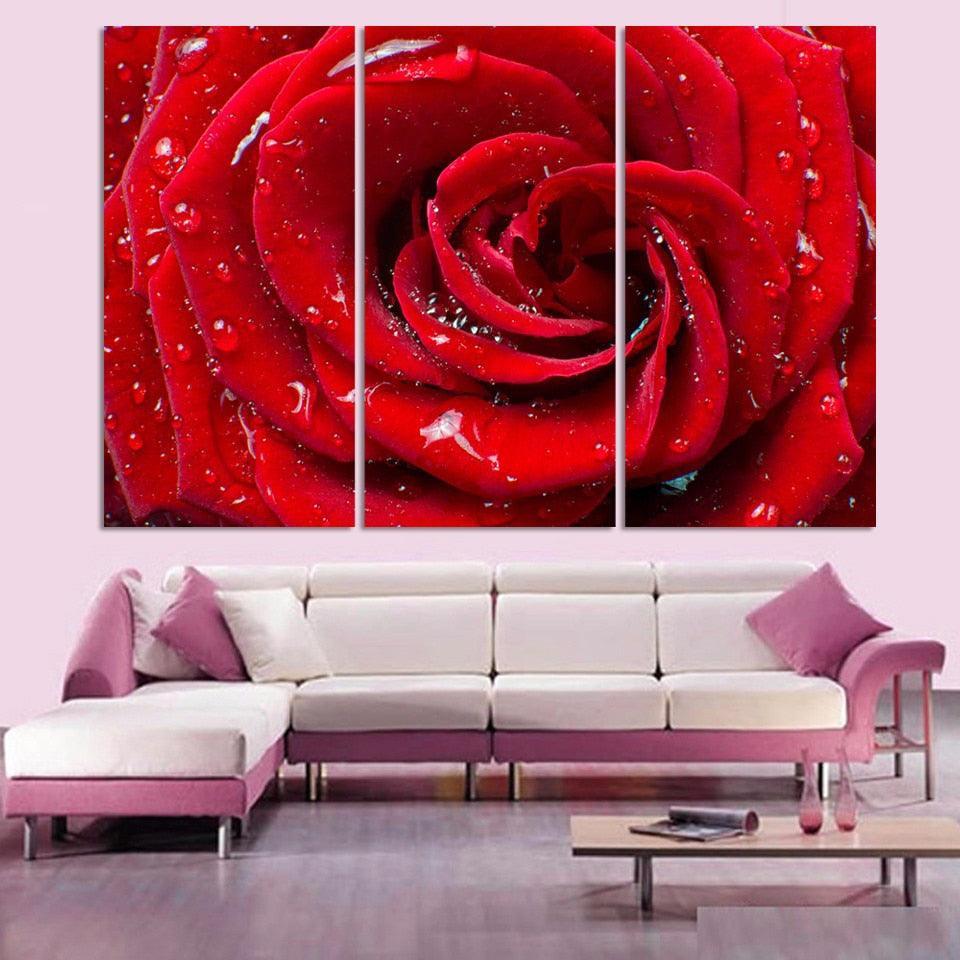 Red Rose & Water Droplets 3 Piece HD Multi Panel Canvas Wall Art Frame-Original Frame
