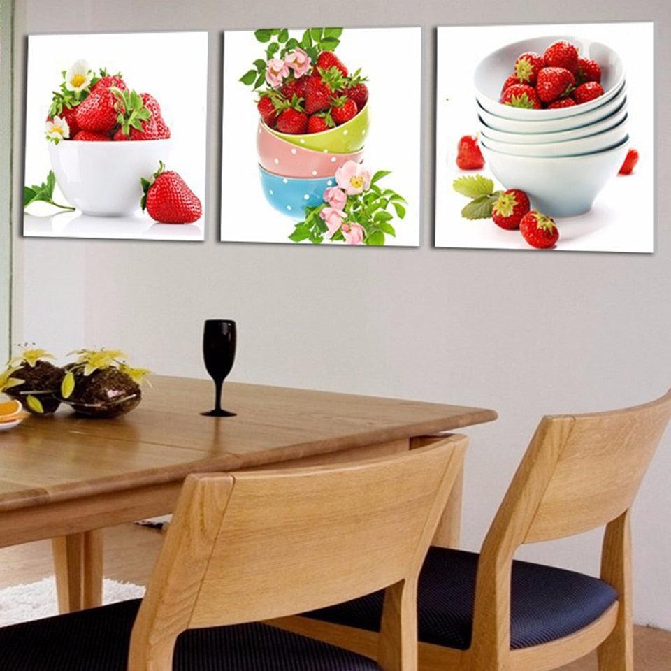 Strawberry Paintings 3 Piece HD Multi Panel Canvas Wall Art Frame-Original Frame
