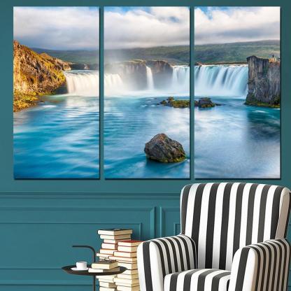 Waterfall Blue River 3 Piece HD Multi Panel Canvas Wall Art Frame-Original Frame
