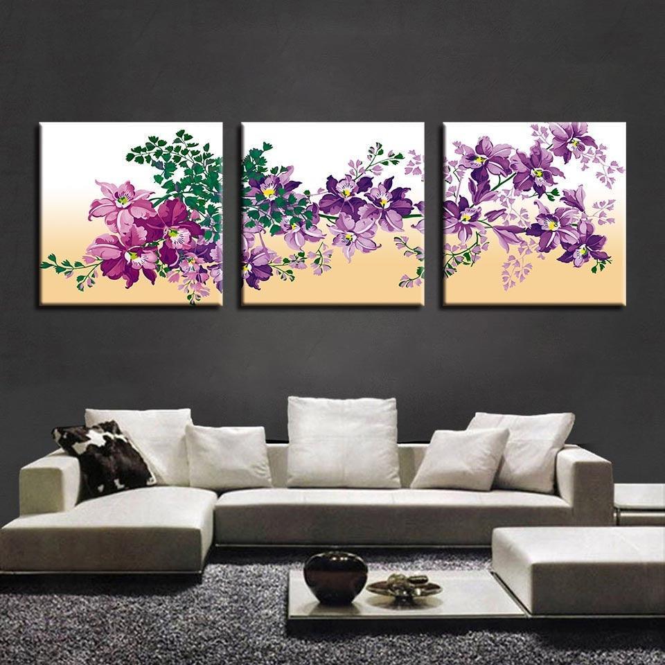 Purple Flowers 3 Piece HD Multi Panel Canvas Wall Art-Original Frame