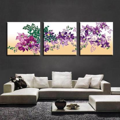 Purple Flowers 3 Piece HD Multi Panel Canvas Wall Art-Original Frame