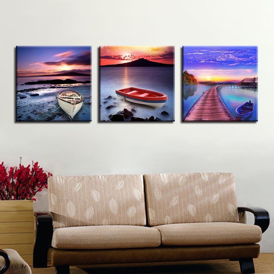 Ocean Sunrise Scenery 3 Piece HD Multi Panel Canvas Wall Art Frame-Original Frame