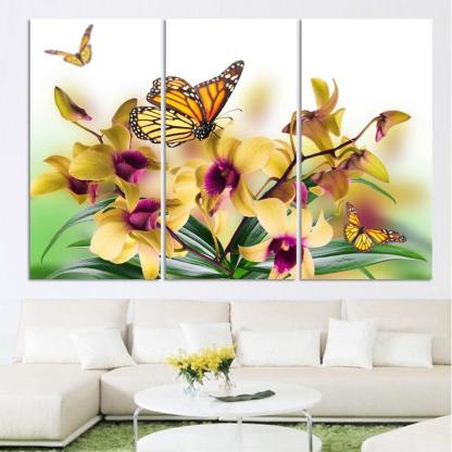 Yellow Orchid Flowers 3 Piece HD Multi Panel Canvas Wall Art Frame-Original Frame