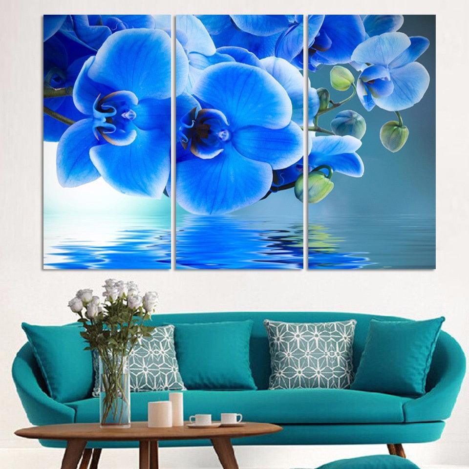 Blue Moth Orchid 3 Piece HD Multi Panel Canvas Wall Art Frame-Original Frame