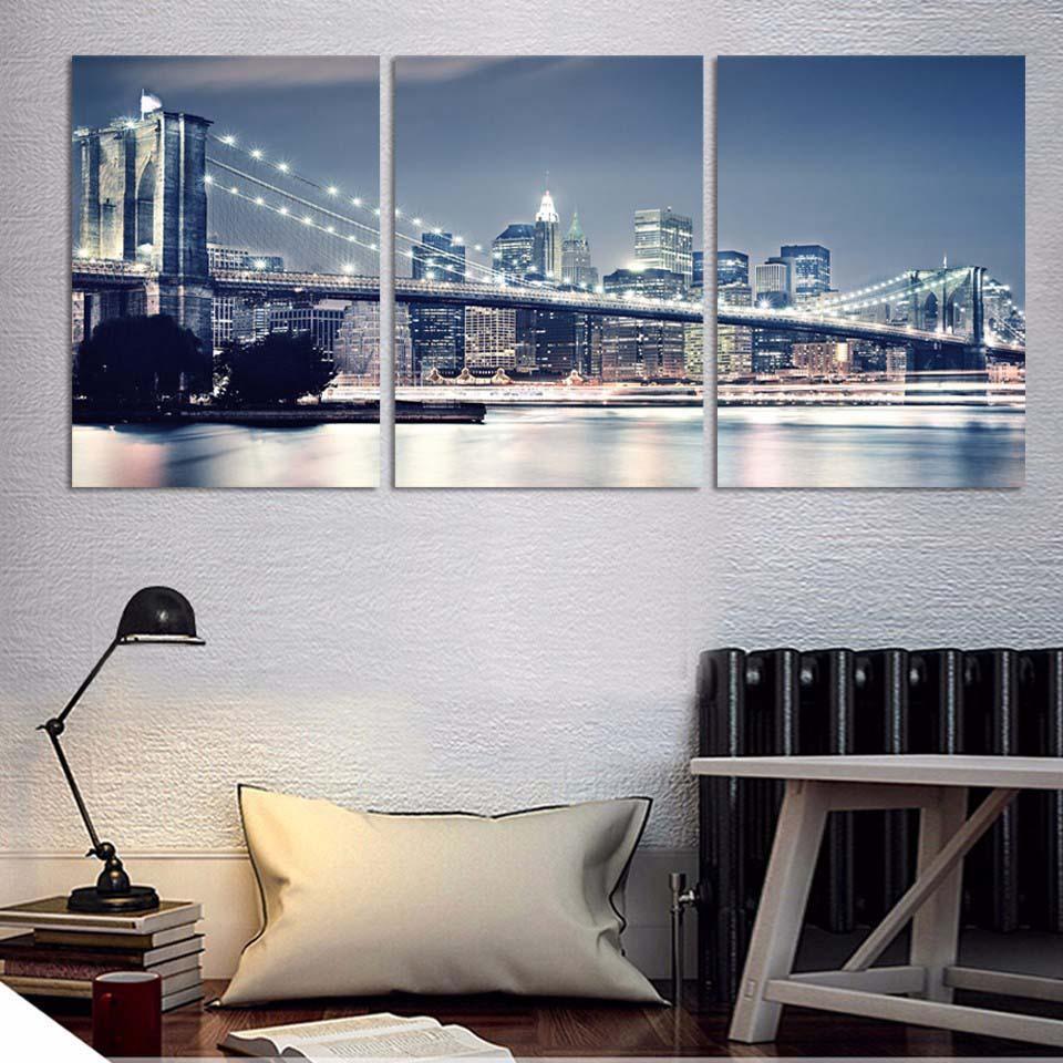 Brooklyn Bridge City Night View 3 Piece HD Multi Panel Canvas Wall Art Frame-Original Frame
