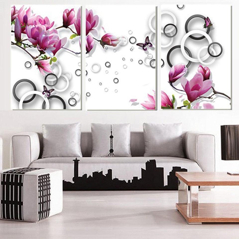 Purple Magnolia Flower 3 Piece HD Multi Panel Canvas Wall Art-Original Frame
