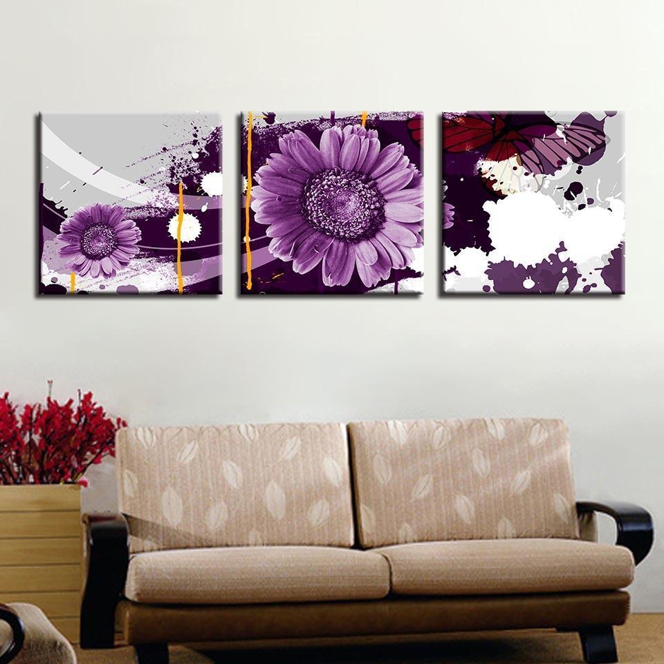 Purple Flower Art 3 Piece HD Multi Panel Canvas Wall Art-Original Frame