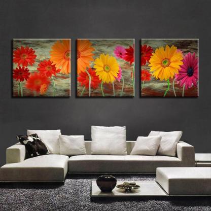 Daisy Flowers 3 Piece HD Multi Panel Canvas Wall Art Frame-Original Frame