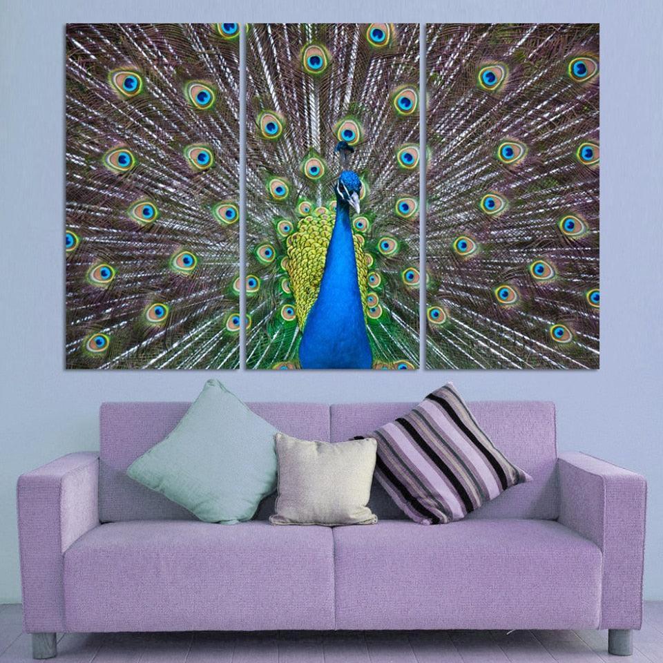 Elegant Peacock 3 Piece HD Multi Panel Canvas Wall Art Frame-Original Frame