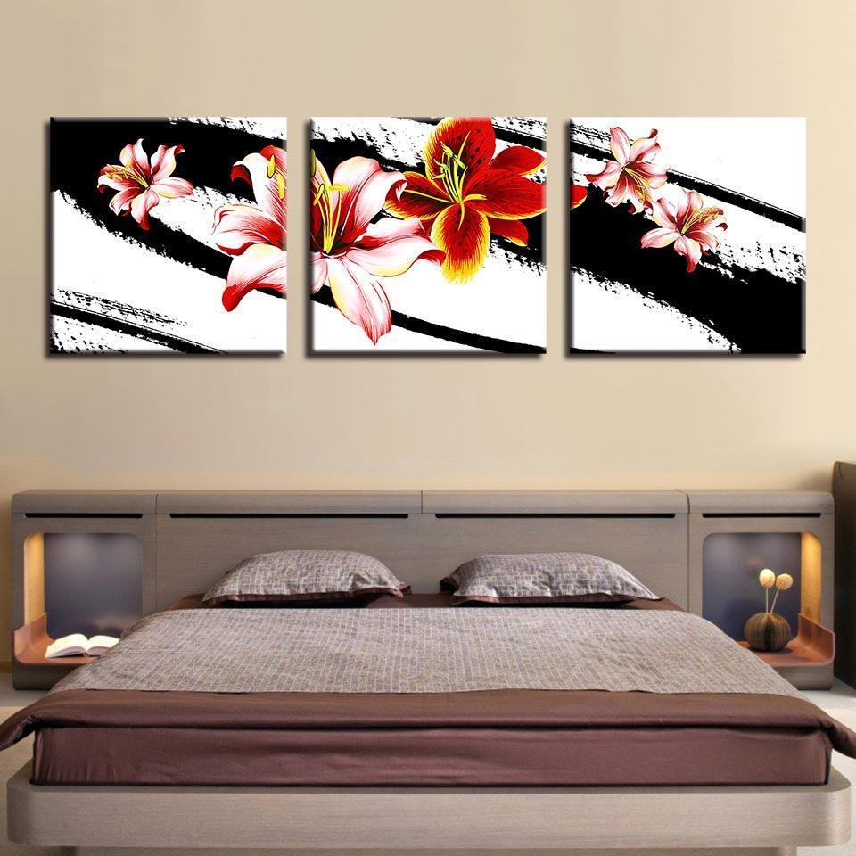 Pink Lilies 3 Piece HD Multi Panel Canvas Wall Art Frame-Original Frame