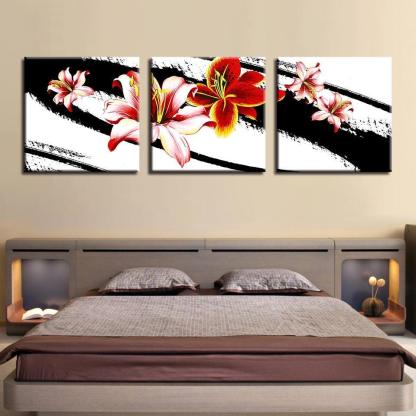 Pink Lilies 3 Piece HD Multi Panel Canvas Wall Art Frame-Original Frame
