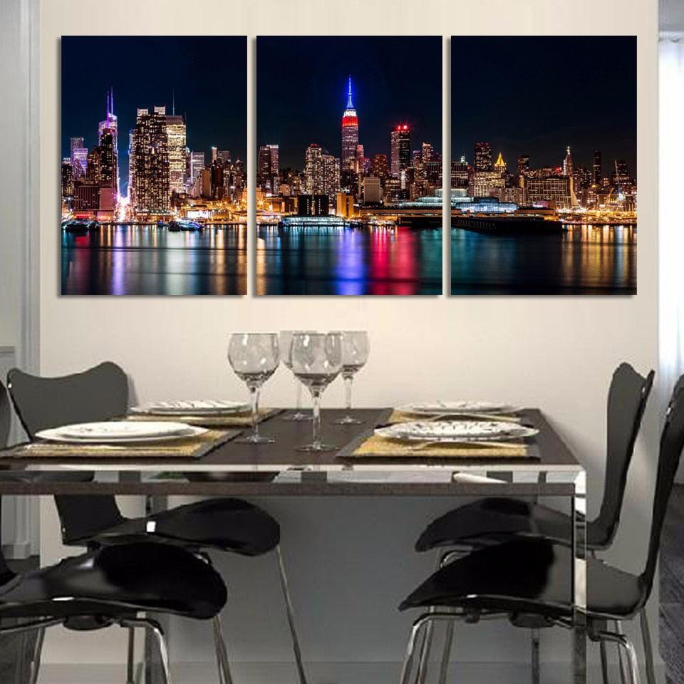 Urban Night Lights Three-Panel Canvas Wall Art Frame-Original Frame