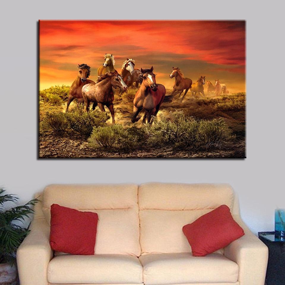 Sunset Horses 1 Piece HD Multi Panel Canvas Wall Art Frame-Original Frame