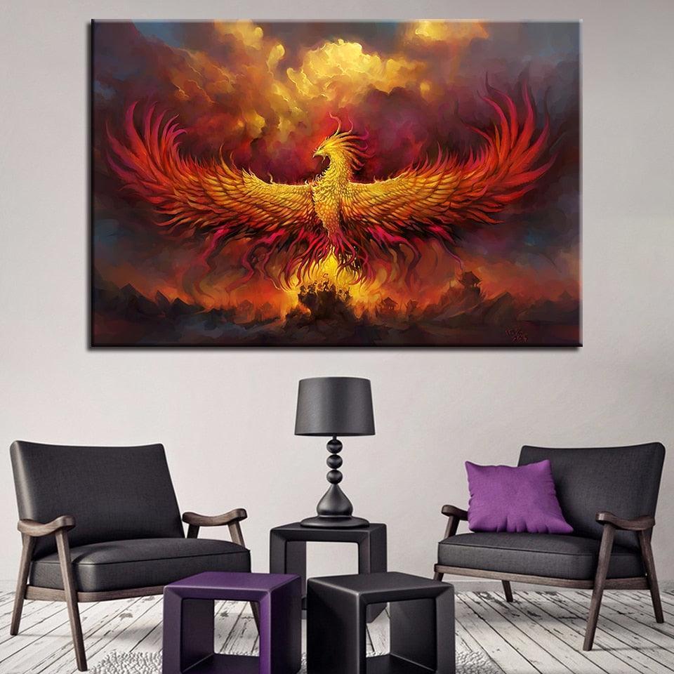 Wall Art Canvas For Living Room 1 Piece Fire Phoenix Poster Abstract Animal Pictures Home Decor Framework-Original Frame