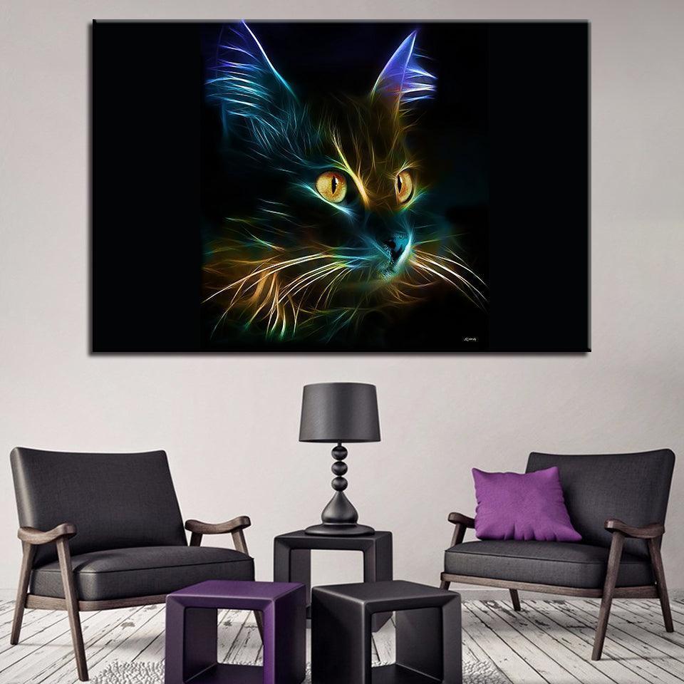 Neon Magic Cat 1 Piece HD Multi Panel Canvas Wall Art Frame-Original Frame