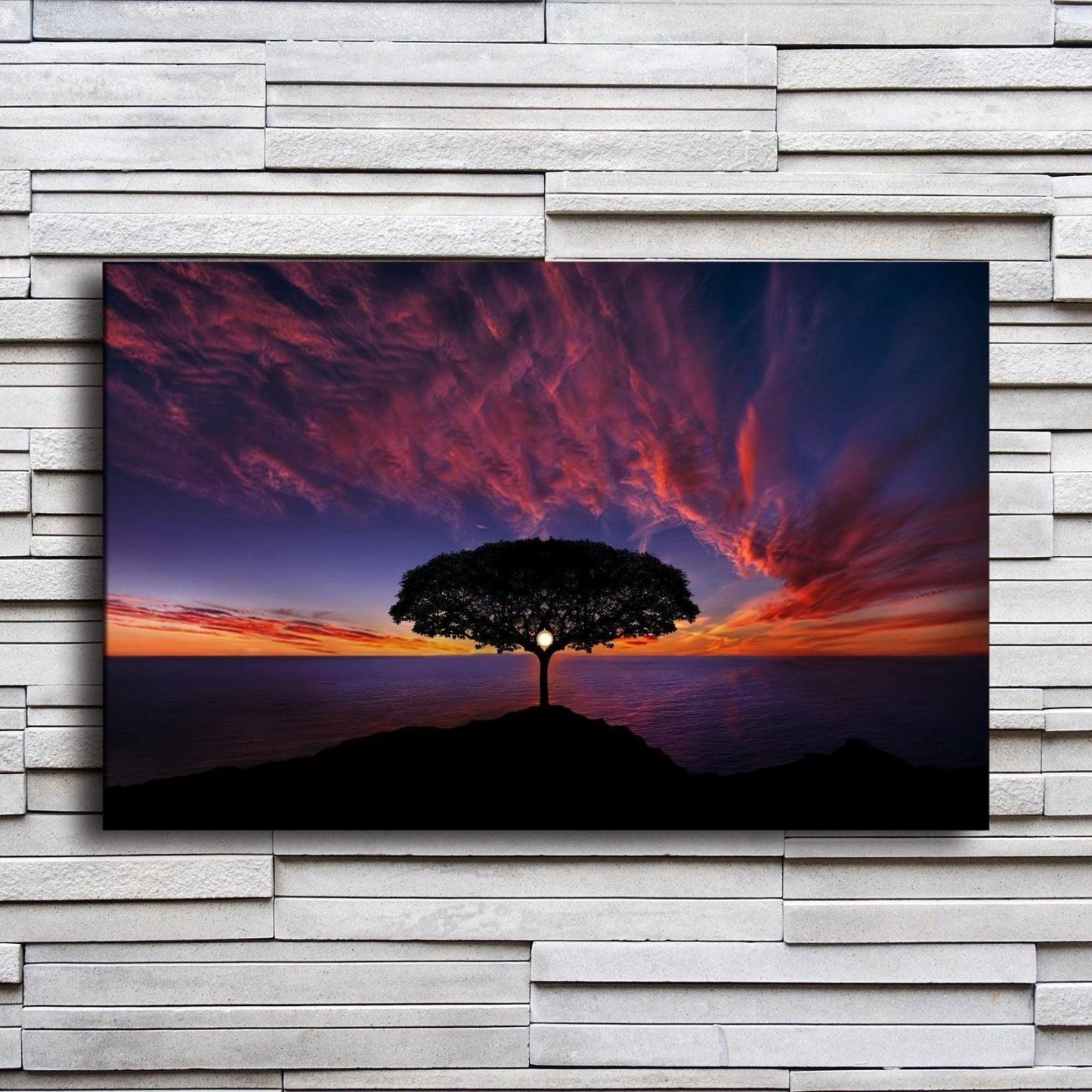 Tree In Purple Sunset 1 Piece HD Multi Panel Canvas Wall Art Frame-Original Frame